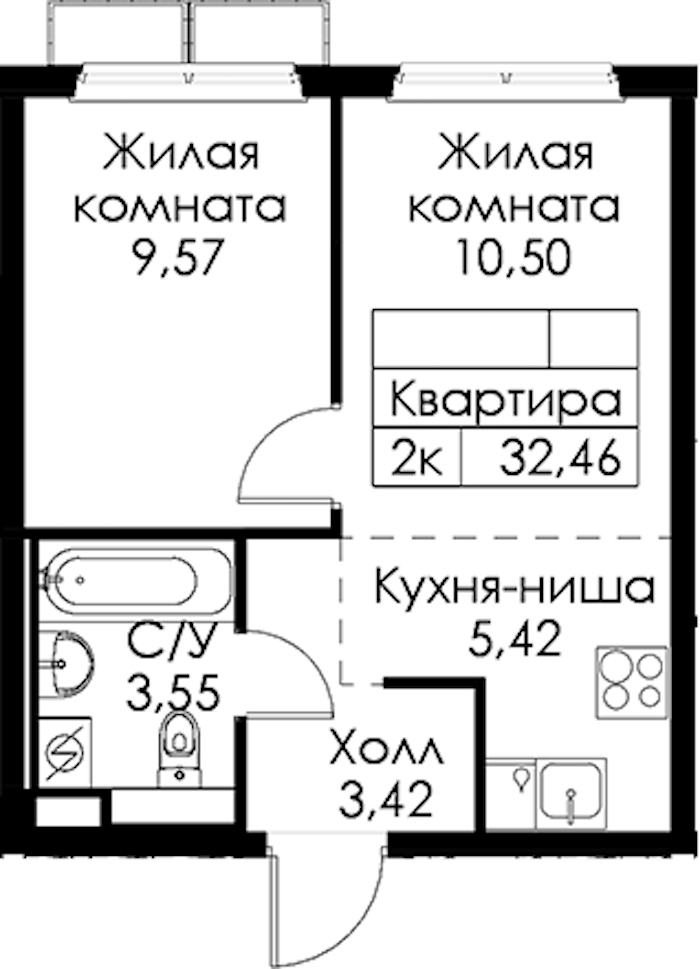 1-комнатная квартира 32.46 м², 6/15 эт., ЖК «Янинский лес»